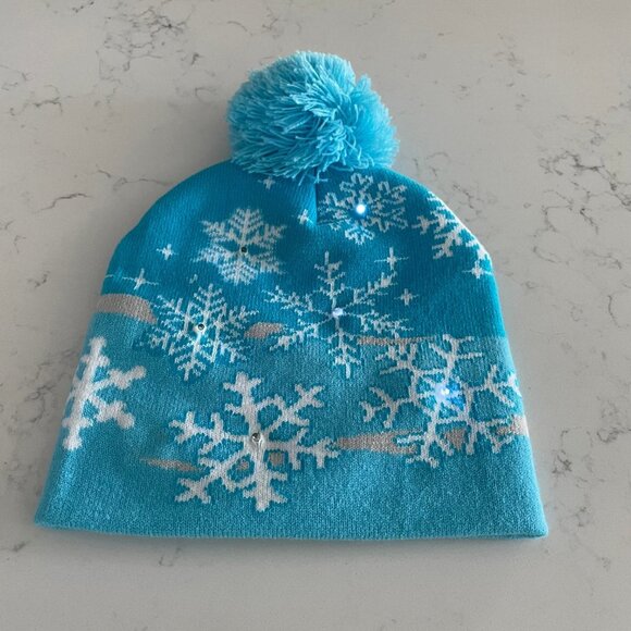 Snowflake Pattern Knit Toque w Pom Pom & 3 Way Lighting Mechanism Blue Sz OS - Picture 4 of 7